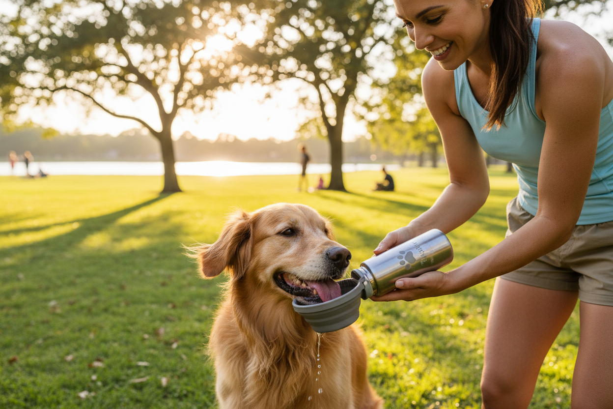 Dog drinking from PupSup portable water bottle in sunny park