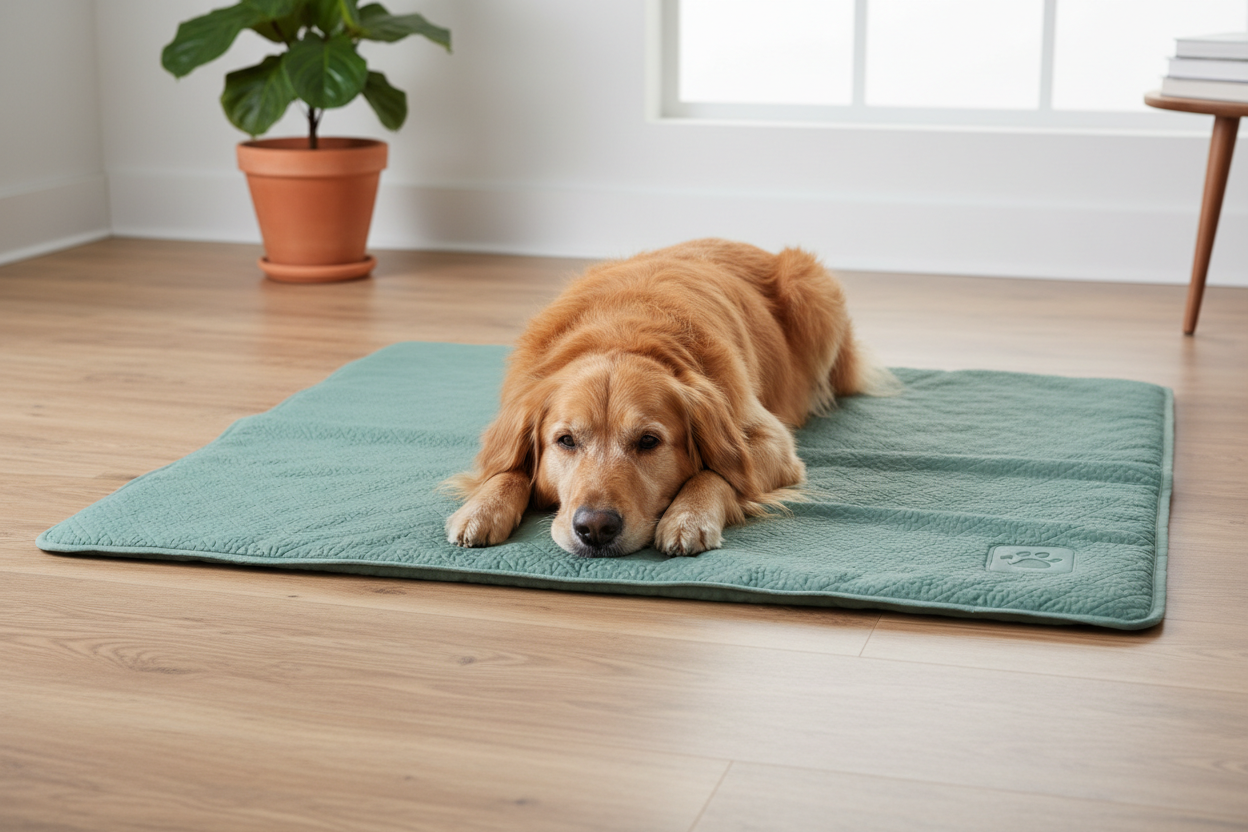 Golden retriever relaxing on PupSup cooling mat on hardwood floor