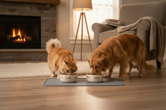 Cat and dog eating side by side on PupSup feeding mat