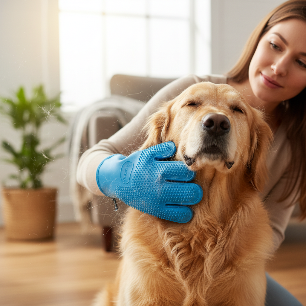 Person grooming a golden retriever with FurAway blue grooming mitt