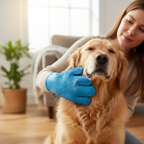 Person grooming a golden retriever with FurAway blue grooming mitt