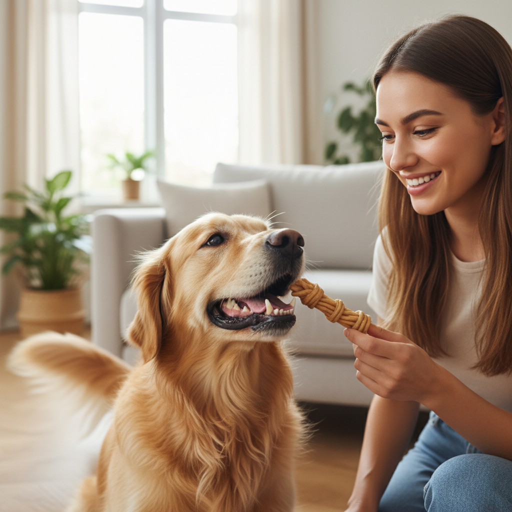 Happy dog enjoying a PureBreath soft chew treat