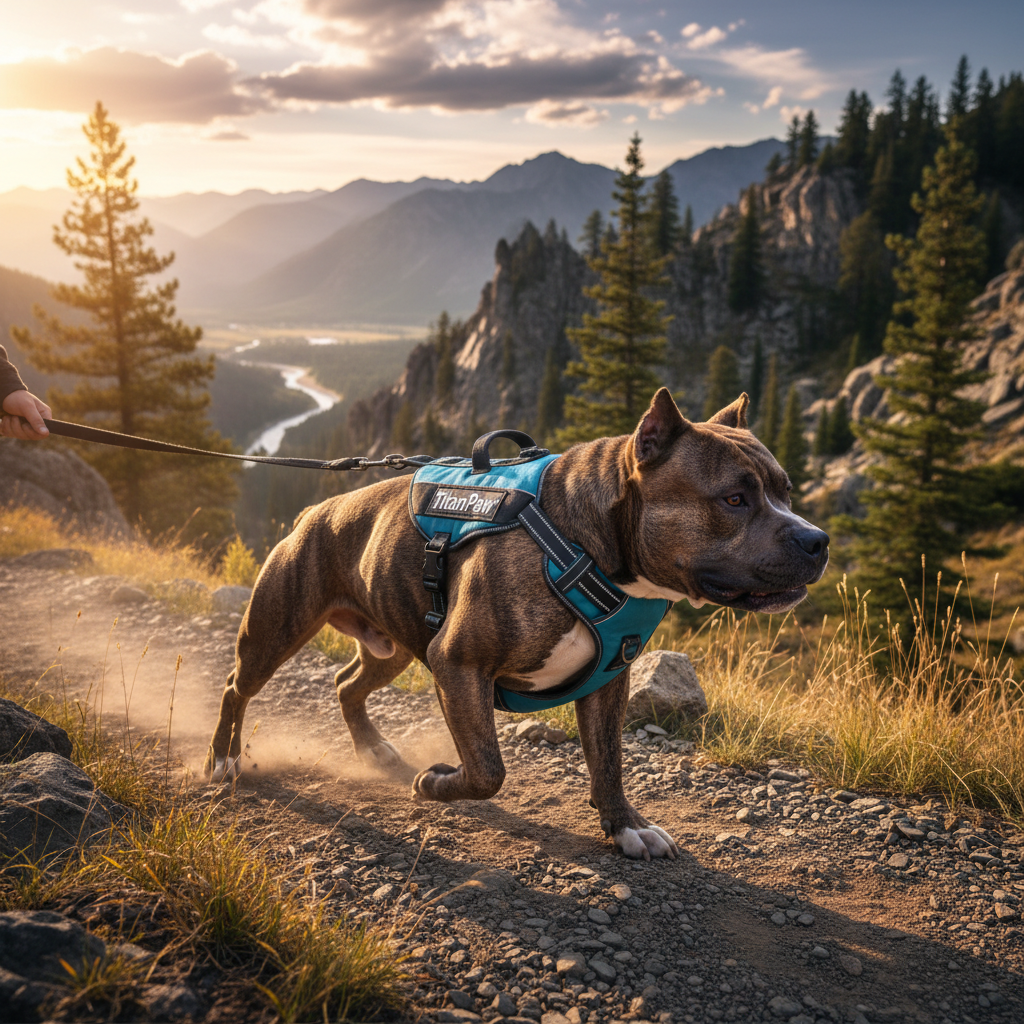 TitanPaw no-pull dog harness in blue worn by large dog on hiking trail