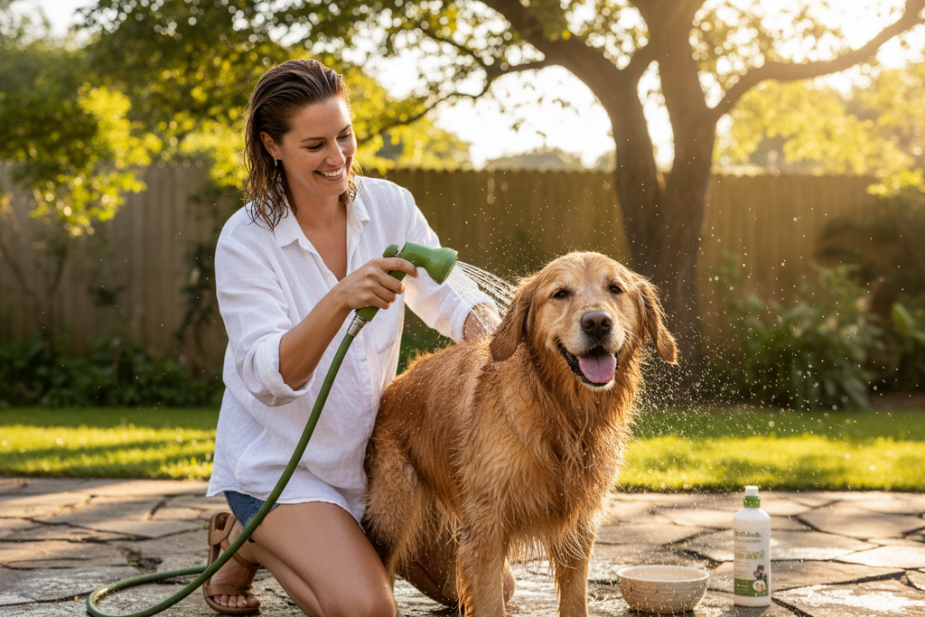 Shower Sprayer – woman washing golden retriever