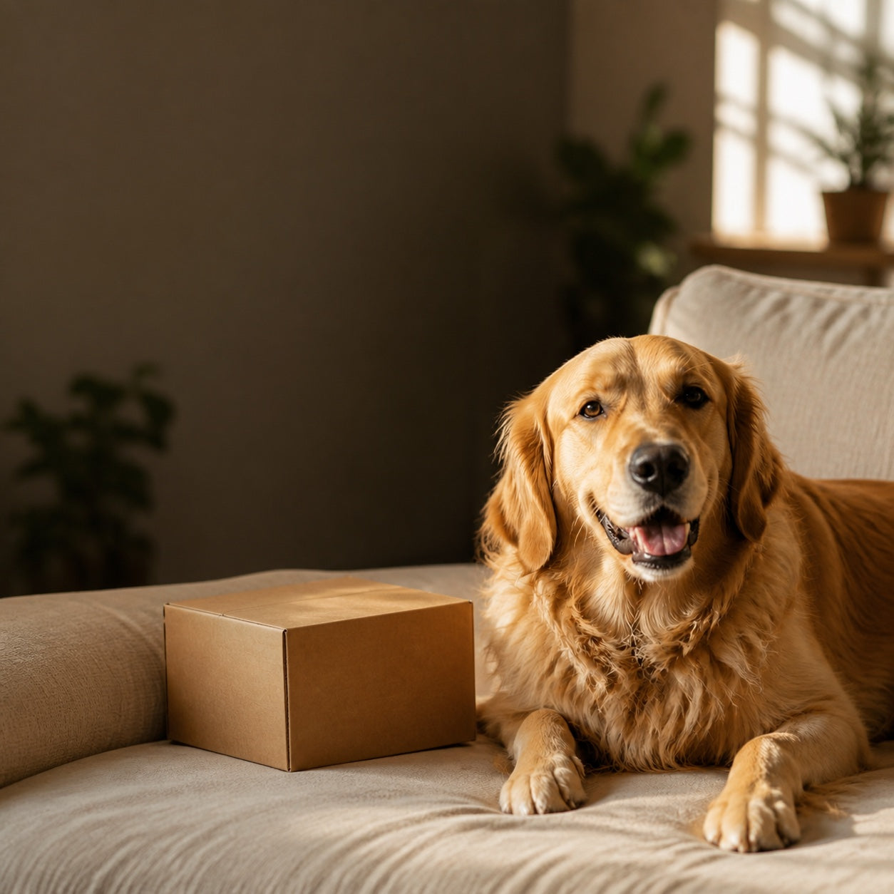 Golden retriever beside a PupSup delivery parcel and blue grooming glove